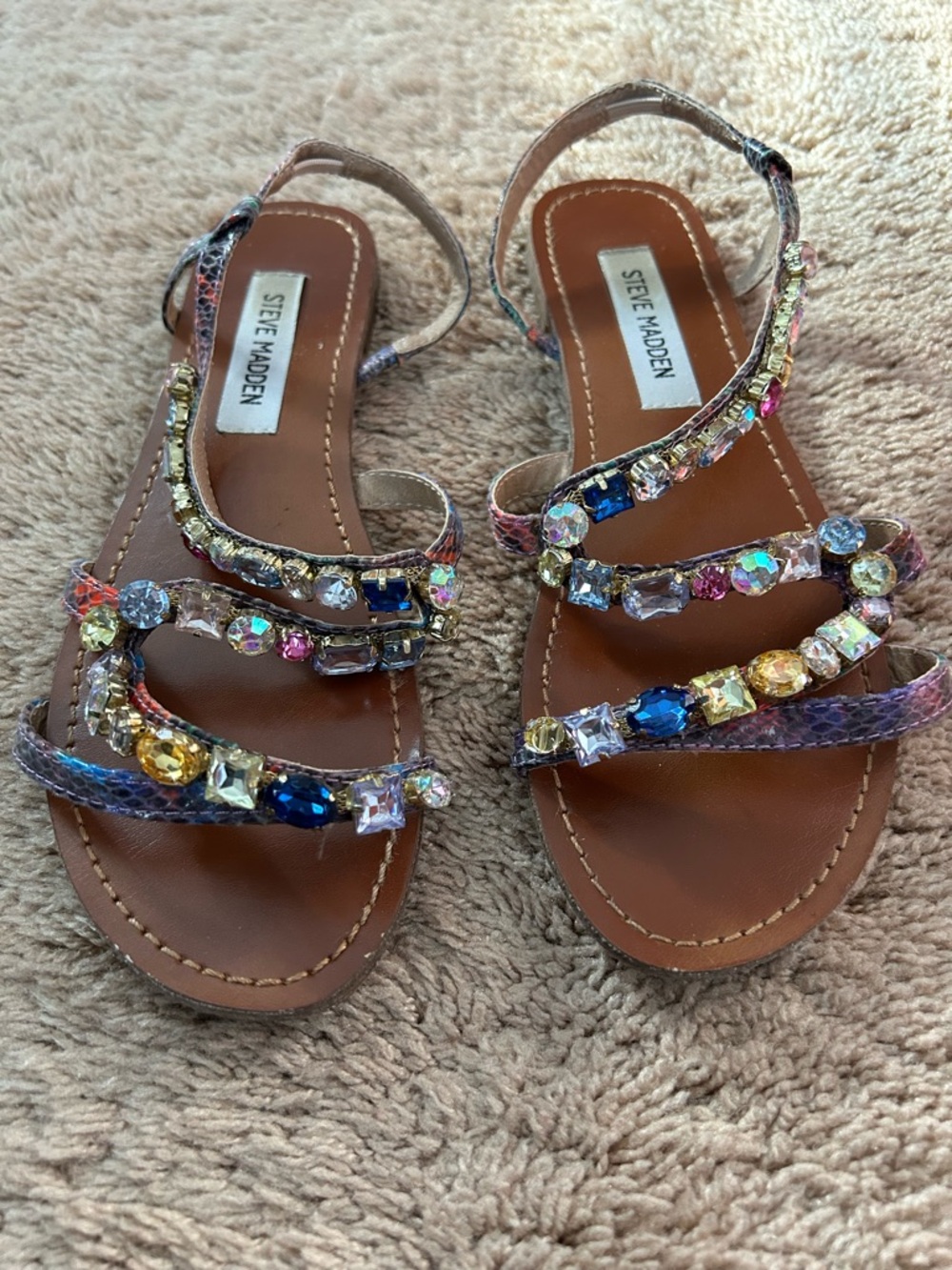 Steve Madden Brown Sandals with Multicolor Gem Straps